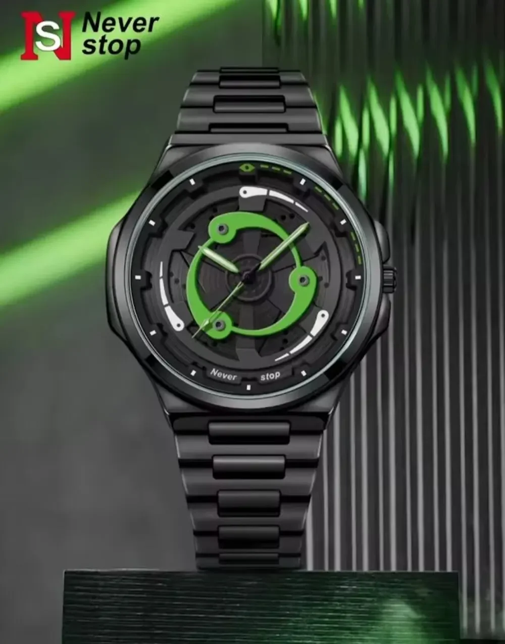 Never Stop Green Black Metal Spinner Watch Analog Quartz Wristwatch Timepiece